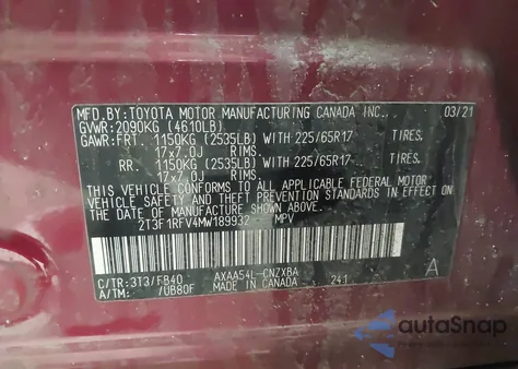 2021 Toyota Rav4 Le z USA, uszkodzony, nr VIN 2T3F1RFV4MW189932